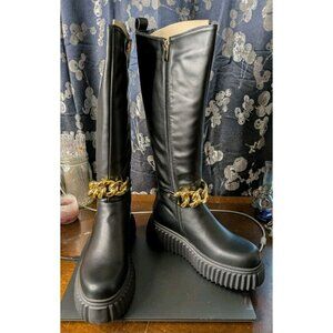 AZALEA WANG Barker Black Leather Gold Chain Link Platform Boots Black NEW SZ 10